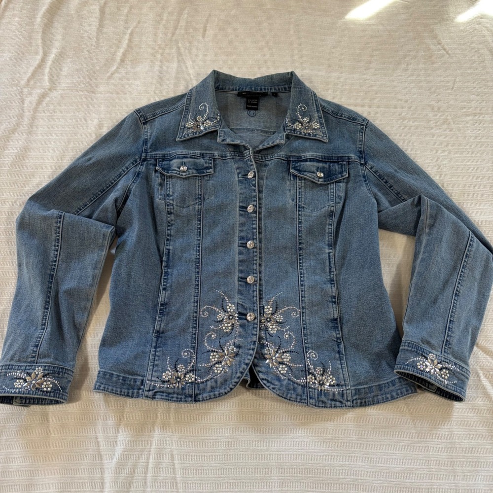 Christine Alexander Vintage Denim Jacket Rhinestone Embellished Blue Jean Size L